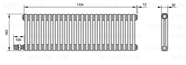 Схема (чертеж) Радиатор Zehnder Charleston 2056/24 №V003 Белый глянцевый RAL 9016